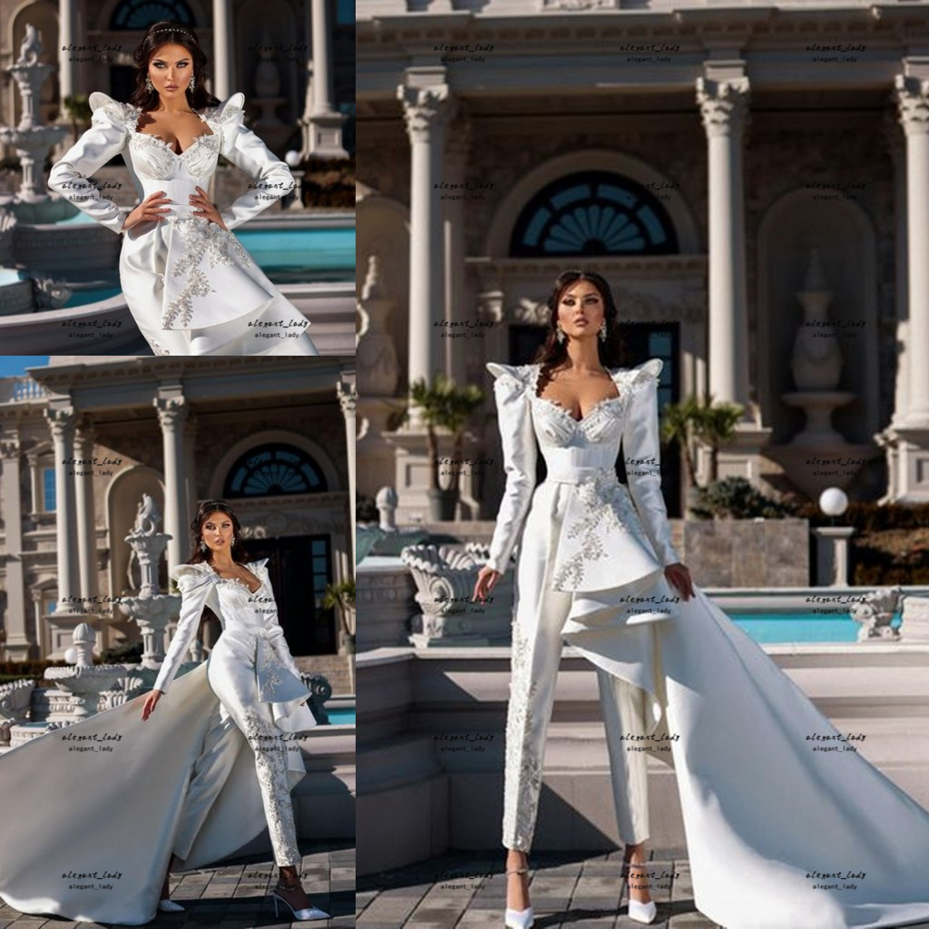 Long Sleeve Wedding Jumpsuit With Sweep Train 2022 Lace Applique Sweetheart Beach Stain vestido de noiva grego Bridal Gowns