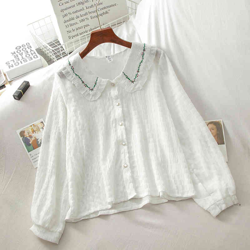 Kimutomo Chic Fungus Embroidered Blouse Female Peter Pan Collar Spring Long-sleeved Single Breasted Shirt Elegant Casual 210521