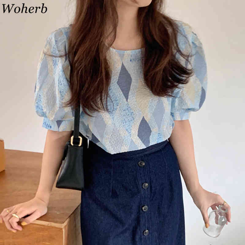 Korean Style Vintage Plaid Puff Sleeve Shirt Loose Office Ladies Blouses Elegant Casual Women Chic Clothing 210519