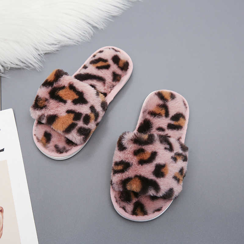 Kids Shoes For Girl Fluffy Slippers Open Toe Flat House Slippers Toddler Girl Shoes Leopard Furry Slippers Winter Indoor Slipper X0703