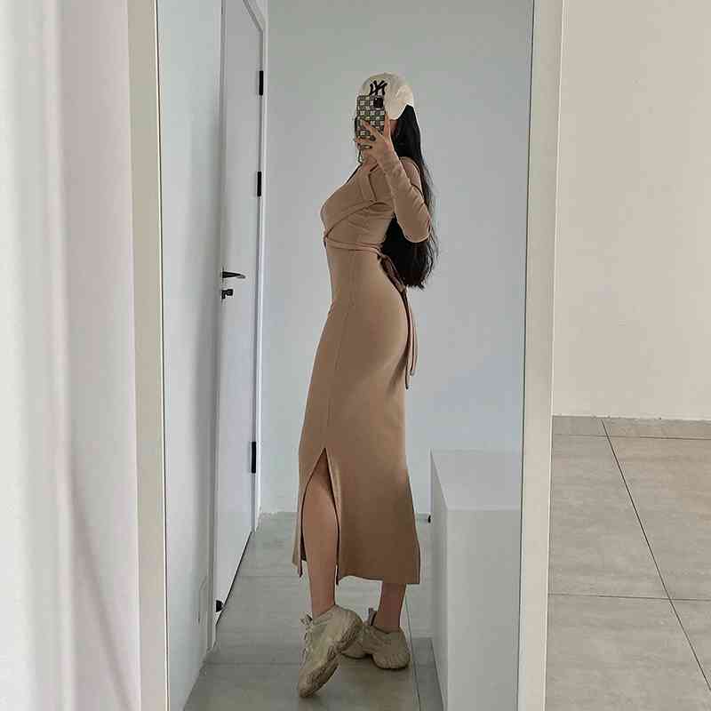WOMENGAGA Sexy Turtleneck Bandage High Waist Slim Slit Long Sleeve Mid-Calf Dress Robe Dresses 8KLQ 210603