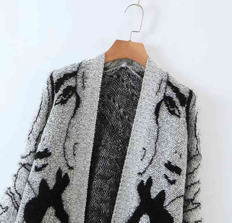 Fashion Women Sweater Loose Abstract Beauty Pattern Lady Mid Length Knitted Cardigan 210521