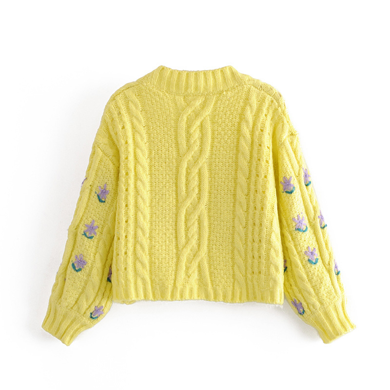 Stylish Women Puff Sleeve Hand Crochet Flower Cardigan RetroV neck Long sleeve Knitted Cropped Sweater Punk pull Korea Clothes 210429