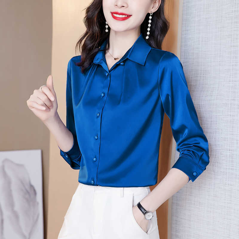 Korean Fashion Silk Women Blouses Office Lady Shirts Satin Long Sleeve Womens Tops and Plus Size XXXL Blusas Largas 210531