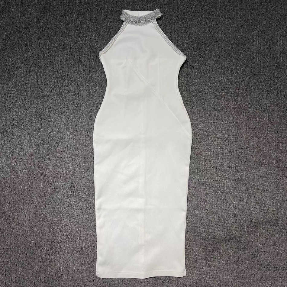 Summer Style White Ladies Bodycon Bandage Dress Elegant Vest Sexy Beaded Sleeveless Club Celebrity Party 210525