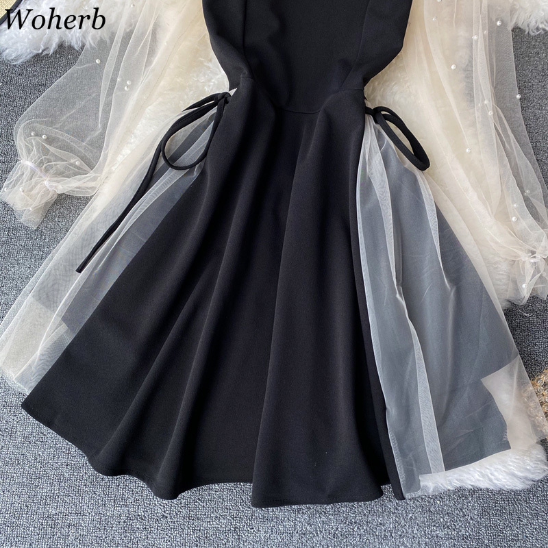 Women Dress Summer Puff Sleeves V-neck Patchwork Gauze Robe Sweet Beaded Dresses Korean Elegant Slim Waist Midi Vestidos 210519