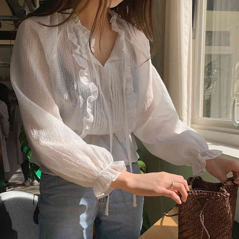 Fashion Lace Up Chiffon Women Blouse Casual Puff Sleeve Shirts Solid Color Ladies Tops Spring Clothing 13611 210508
