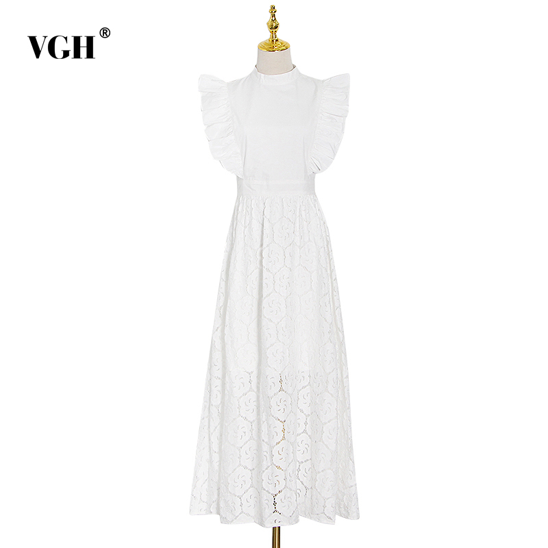 VGH Party Dress For Women Stand Collar Butterfly Short Sleeve High Waist Hollow Out Elegant Solid Dresses Female Autumn New 210421