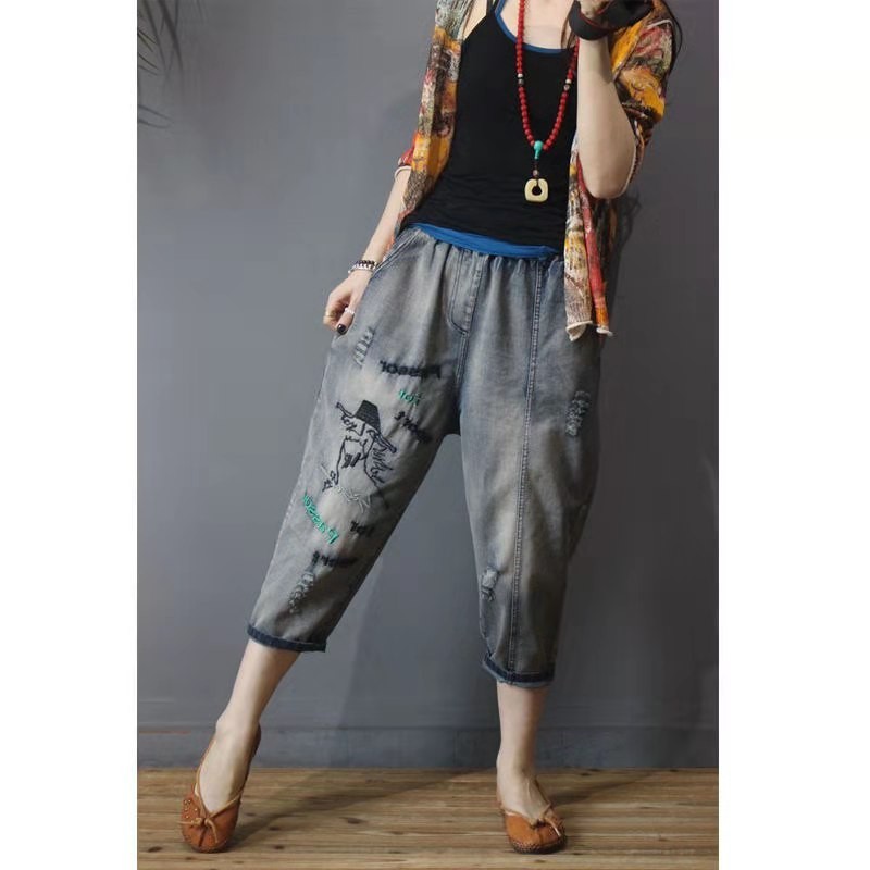 Arrival Summer European Style Women Loose Casual Elastic Waist Harem Pants Vintga Embroidery Cotton Denim Jeans W97 210512