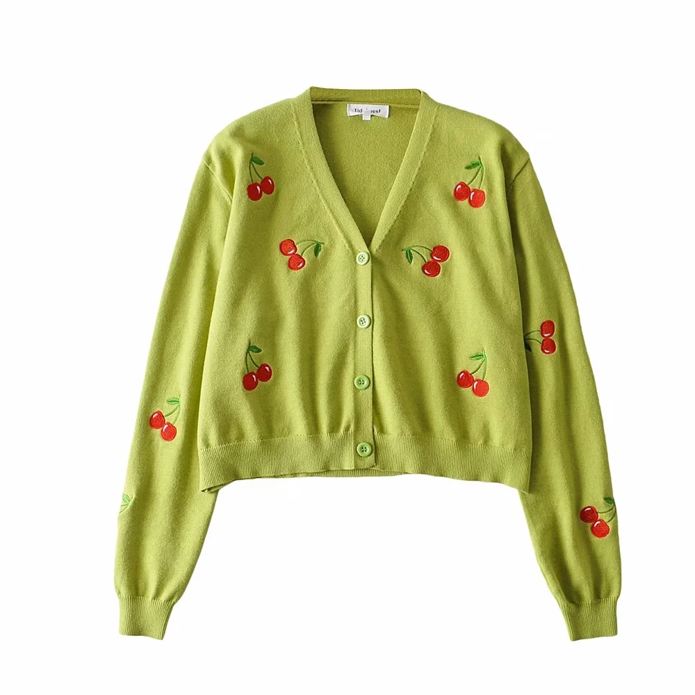 Vintage Cherry embroidery cardigans sweater women korean Women knitted coat 210521
