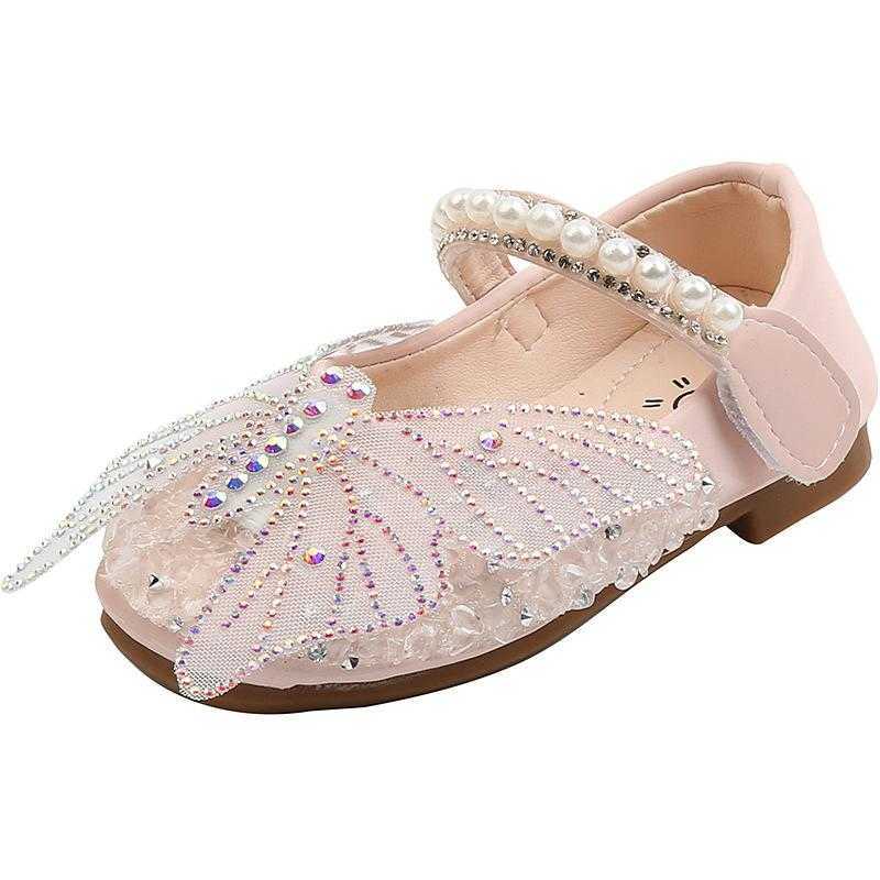 Toddlers Baby Girls Shoes Kids Leather Shoes For Wedding Party Performance Lace Butterfly Rhinestone Bling Pearls Beading X0703