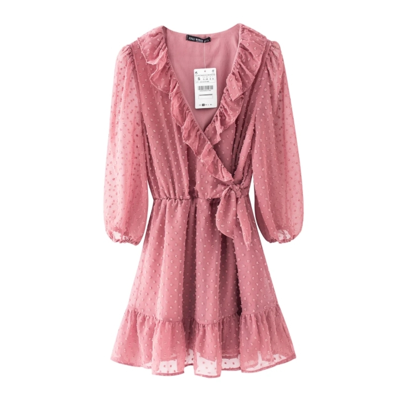 Women Cross V Neck Ruffle Lace Up Flocked Chiffon Mini Dress Female Lantern Sleeve Clothes Casual Lady Loose Vestido D7372 210430