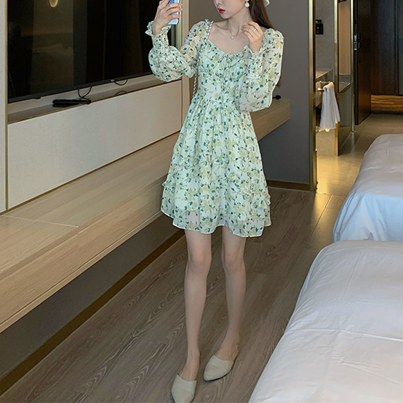 Korean Style Square Collar Elegant Vingate Dress Women Long Sleeve Floral Printed Dress Beach Dress for Females Summer Chic 210521