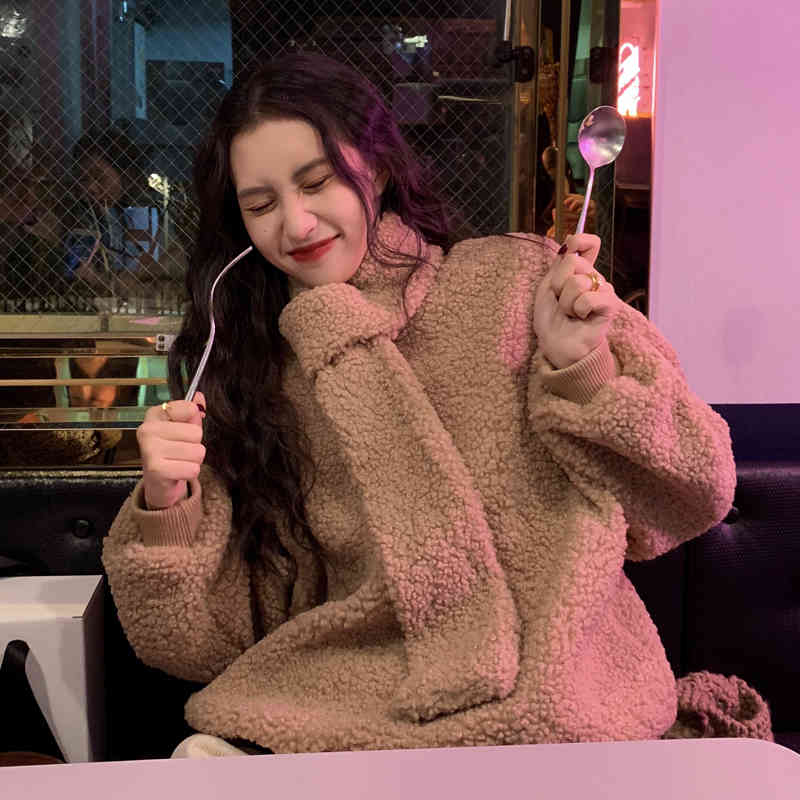 2 colors autumn winter korean style Women Sweatshirts lamb fur Long Sleeve thick warm Sweatshirt Womens pullover (C2131) 210423