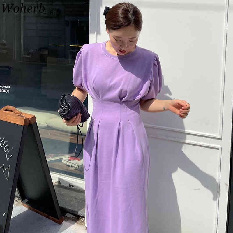 Vintage Puff Sleeve Dress Midi Summer A-Line Women Elegant Vestidos Largos Verano Robe Korean Solid Dresses Elegante 210519