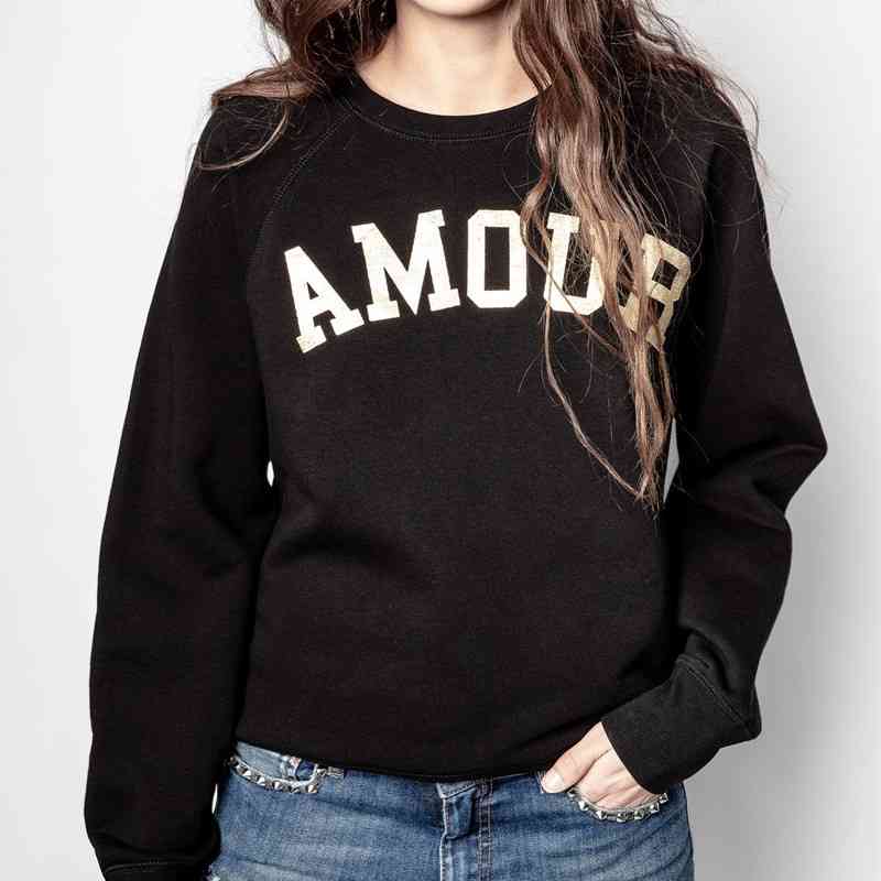 Women Black Sweatshirt Gold Letter Print 100% Cotton Spring Autumn Long Sleeve Casual Sports Clothing 210816