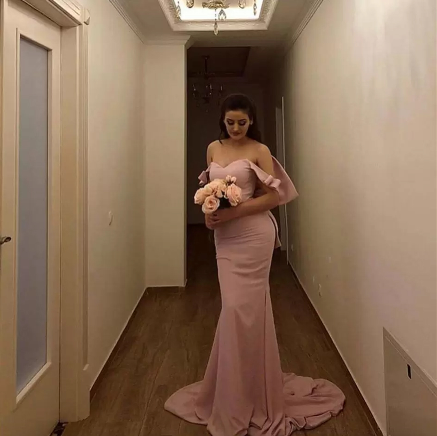 Nude Pink Big Bow Mermaid Maid Of Honor Elegant Off The Shoulder Long Bridesmaid Dresses Satin Wedding Guest Gowns L139 0509