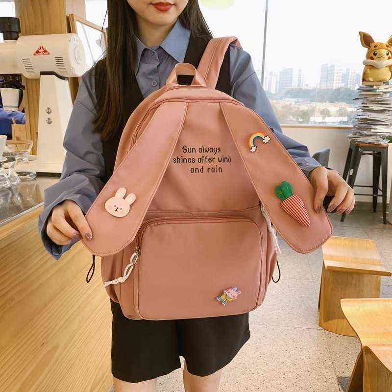 New Kawaii Long Rabbit Ear Backpack Bag Girl Female Cartoon Anmie Bunny Ear Bagpack Women Teen Schoolbag College Bookbag Mochila Y1105