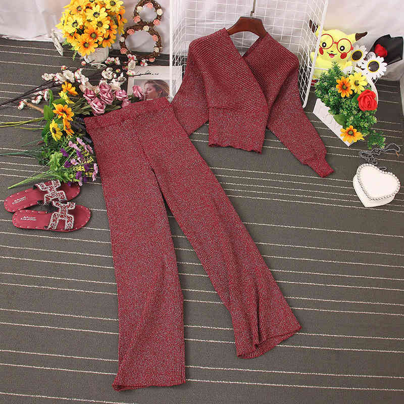 Elgant Fashion Women Shining Knitted Two Pieces Set Autumn Winter V Neck Bat Sleeve Sweater Top Elastic Wide Leg Long Pants 210506