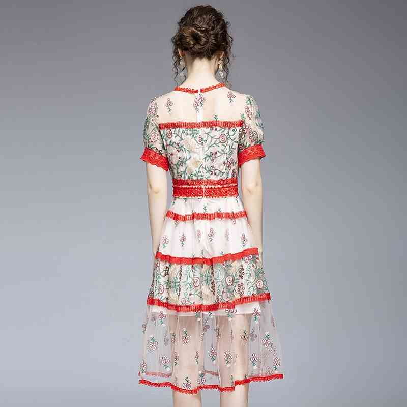 Summer Mesh Embroidery Flowers Dress Women O-Neck Casual Party Slim Long es Vintage Elegant Vestidos 210520