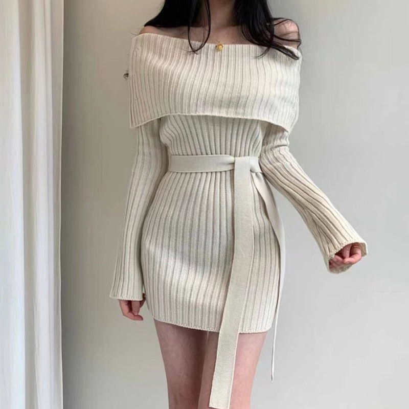 Nomikuma Korea Chic Sexy Fold Slash Neck Sweater Dress Long Sleeve Mini Knitted Dresses Bandage Slim Waist Women Vestidos 6C976 210427