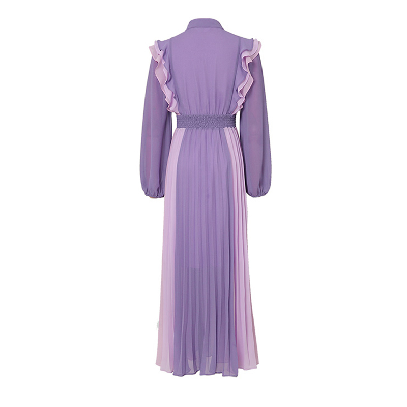 VGH Purple Elegant Dress For Women Stand Collar Lantern Long Sleeve High Waist Midi Pleated Dresses Female Korean Spring Fashion 210421