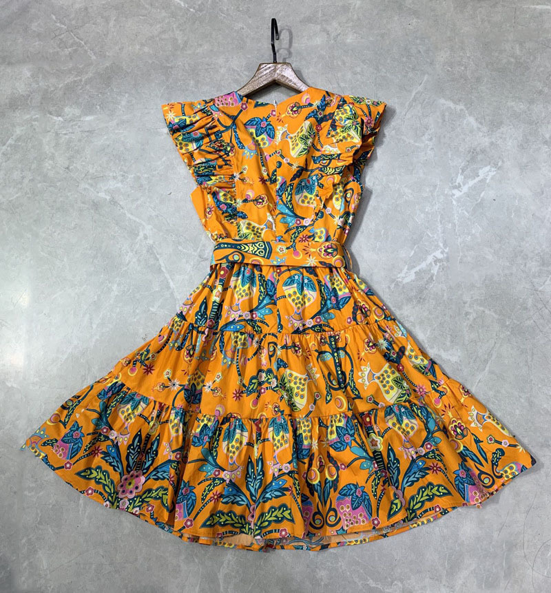 vintage ruffles v-neck summer chic dress women party casual daily clothing fashion mini dresses orange floralprinted 210421