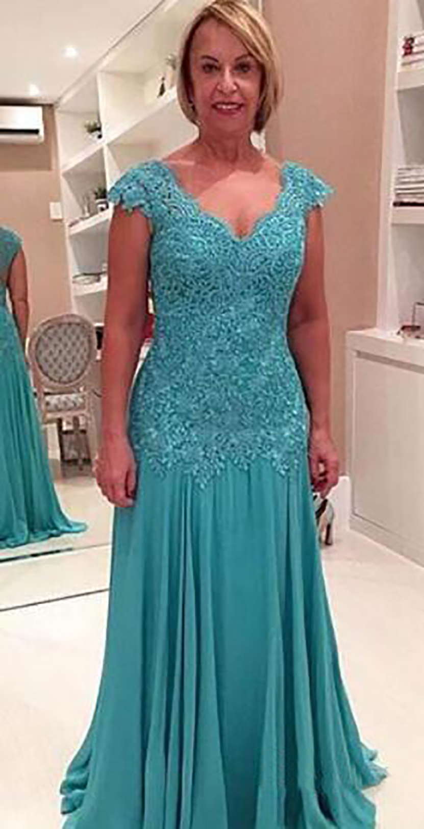 Turquoise Lace Mother Of The Bride Dresses Chiffon Mermaid Moms V Neck Cap Sleeve Applique Formal Evening Gowns Hot Selling