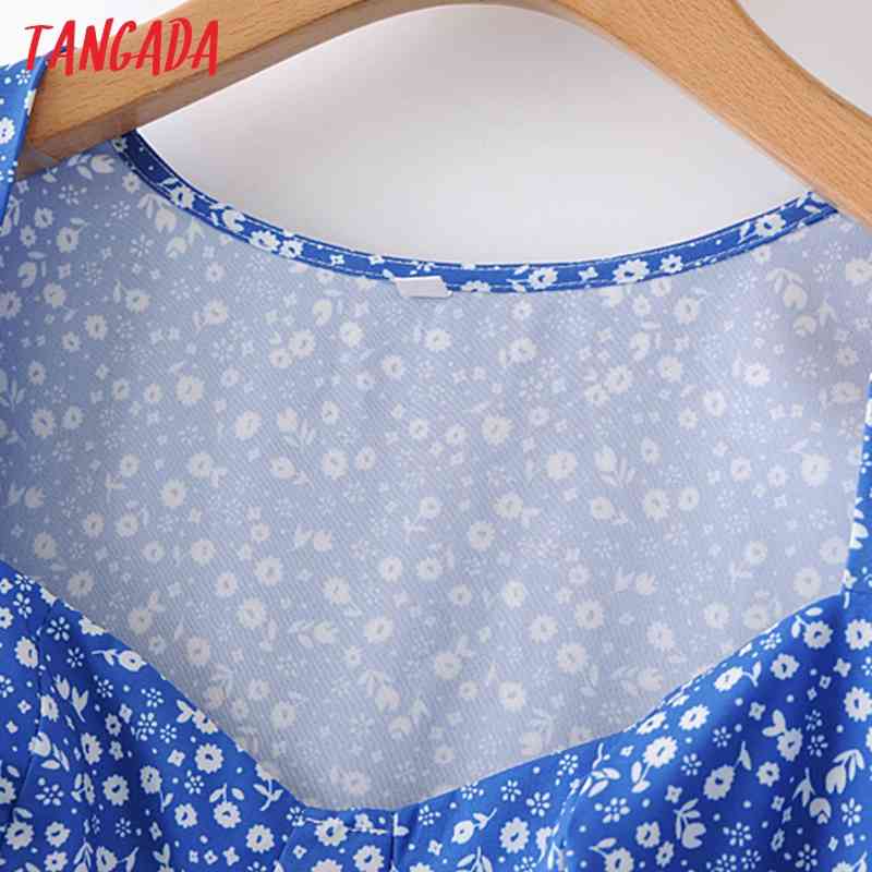 Summer Women Flowers Print French Style Puff Short Sleeve Ladies Midi Dress Vestidos 2M128 210416
