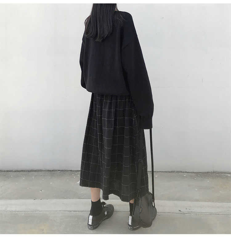 2 colors japanese style high elastic waist Long Skirts Woman autumn winter plaid A-line pleated womens (X1078) 210619