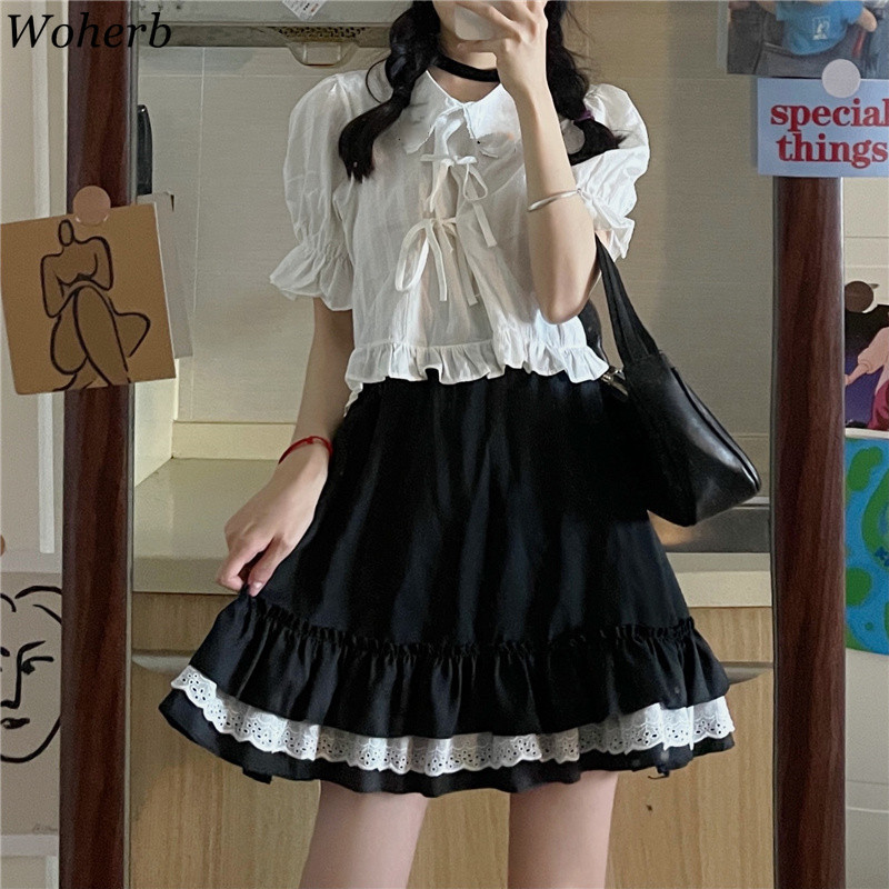 White Shirt Women Preppy Style Blusas Peter Pan Collar Puff Sleeve Lady Blouses Sweet Bow Drawstring Chic Tops Korean 210519