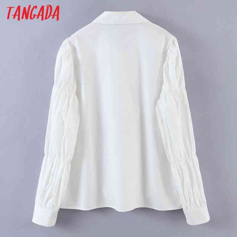 Women White Shirts Pleated Long Sleeve Solid Turn Down Collar Elegant Ladies Work Wear Blouses SL553 210416