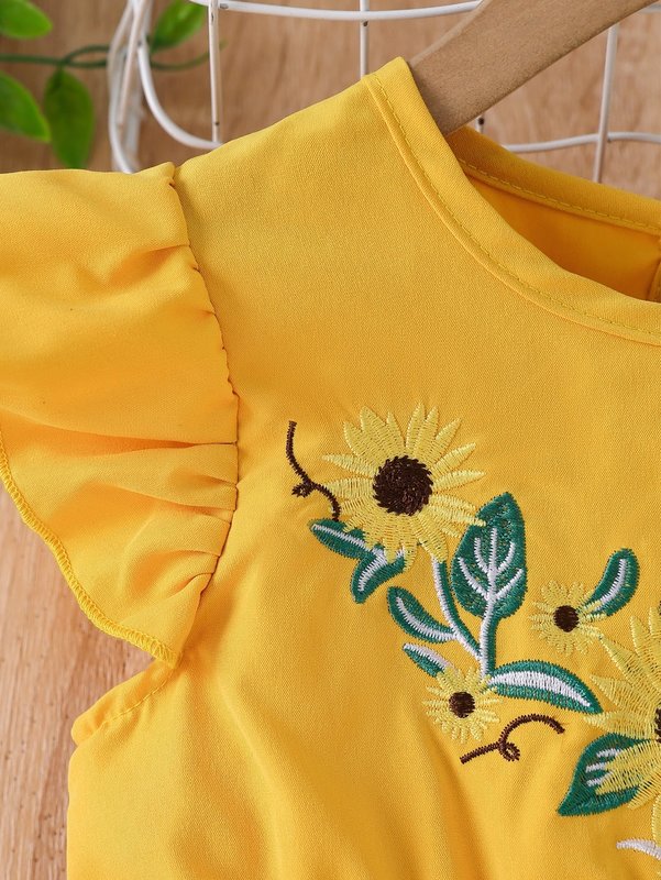 Toddler Girls Floral Embroidery Butterfly Sleeve Mesh Hem Dress SHE