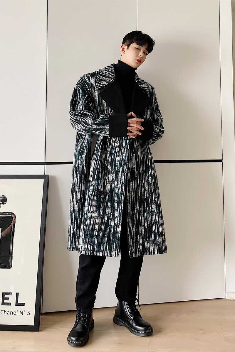 IEFB Korean fashion long coat for men tree pattern woolen overcoat men's color block lapel long sleeeve big size clothes 9Y4407 210524