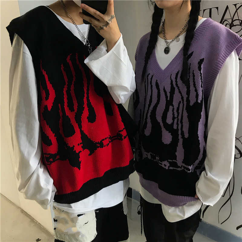 Neploe Autumn Winter Korean Sleeveless V-neck Knitted Vest Flame Printed Causal Women Men Sweater Pullover 4E202 210812