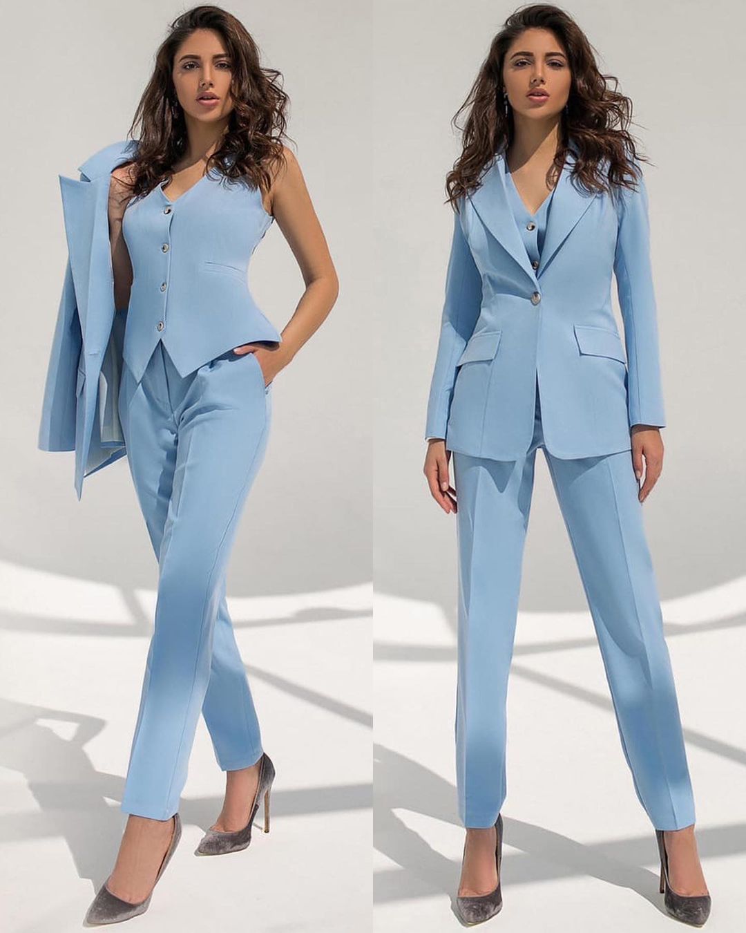 Red Carpet Fashion Blazer Suits Sky Blue Women Business Pants Suit Leisure Ladies Club Party Wedding Outfit (Jacket+Vest+Pants)