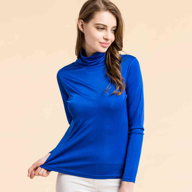 SuyaDream Women Silk Shirts Turtleneck Long Sleeved Solid Pullovers Slim Fit Bottoming Shirt Spring Autumn TOP XXXL 210406