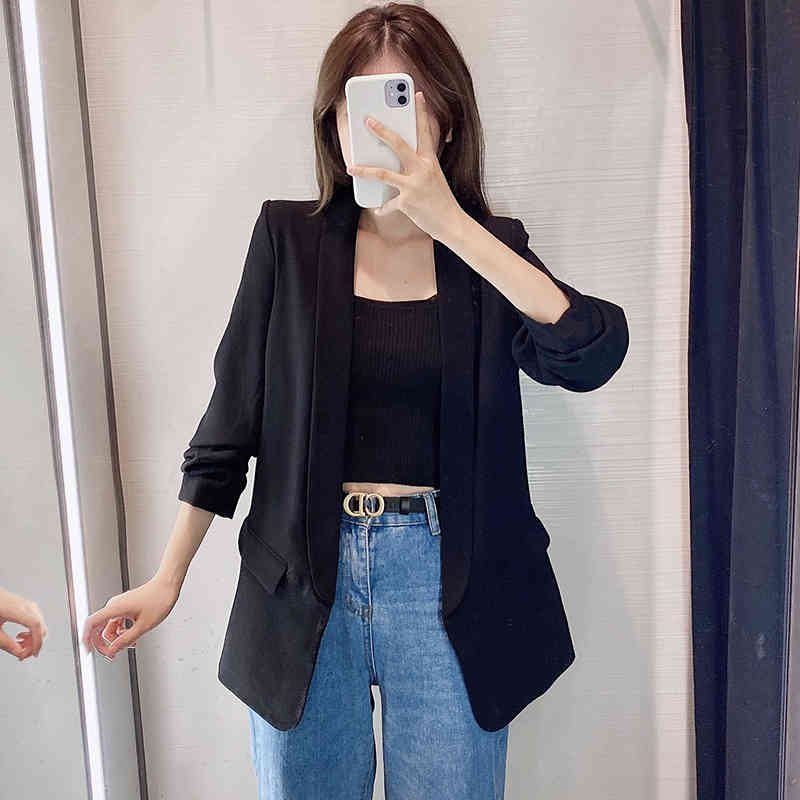 Casual Solid Blazer Women Outerwear Shawl Collar Pockets Office Coat Lady Three Quarter Sleeve Elegant Feminino 210515