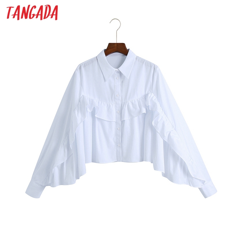 Women Ruffles White Shirts Long Sleeve Turn Down Collar Elegant Ladies Crop Tops 6Z73 210416
