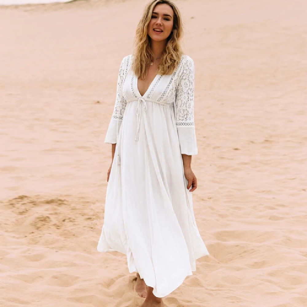 White Rayon Beach Long Dress Swimwear Tunics Kaftan wear Cover ups Robe de Plage Saida Praia #Q274 210420