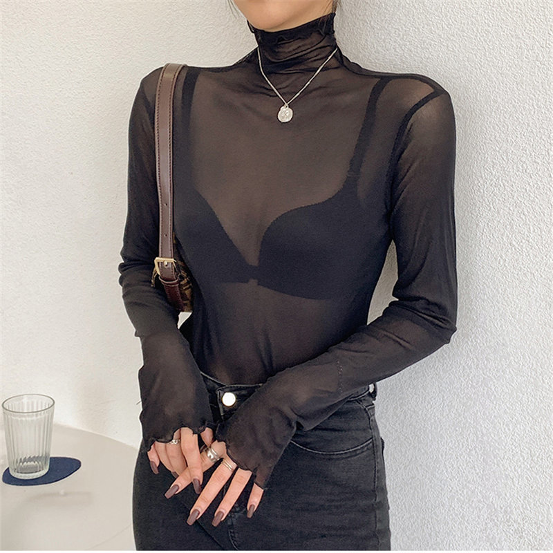 Autumn Female Minimalist Tops Large Size Women Sexy Solid Casual Basic Thin Turtleneck Brief T-shirt 210421