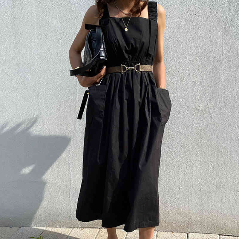 Nomikuma Korean Pleated Tank Dress Causal Pockets A-line Vestidos Femme Belt Slim Waist Sleeveless Square Collar Dresses 6H367 210427