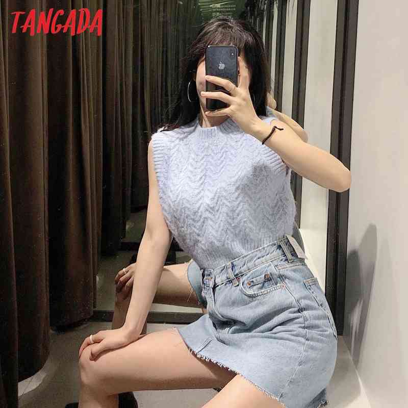Women Fashion Blue Twist Crop Knitted Vest Sweater Vintage O Neck Sleeveless Female Waistcoat Chic Tops BE464 210416