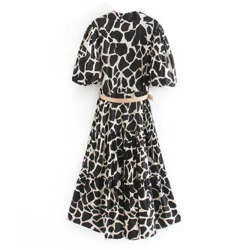 Women Fashion Animal Print Midi Dress With Belt Puff Short Sleeve Ruffles Dresses Turn Down Collar Office Shirt Dress 210414