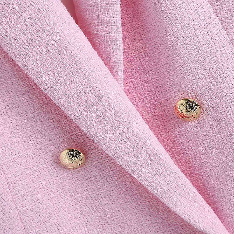 Women Vintage Pink Texture Tweed Blazer Coat Office Ladies Long Sleeve Suits Female Outerwear Chic Tops 210521