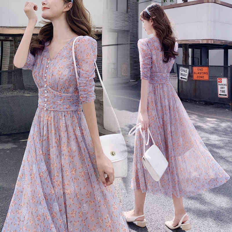 Korean Spring Elegant Flowers Print V-Neck Maxi Dress Vestidos Retro Sexy High Waist Slim Chiffon Robe Femme 210519