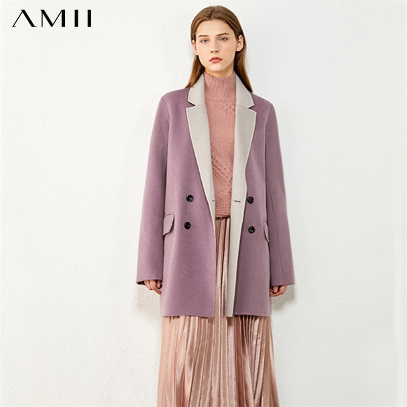 Minimalism Winter Fashion Coat Female 100%wool Lapel Double breasted Double-sided Woolen Women 12070524 210527