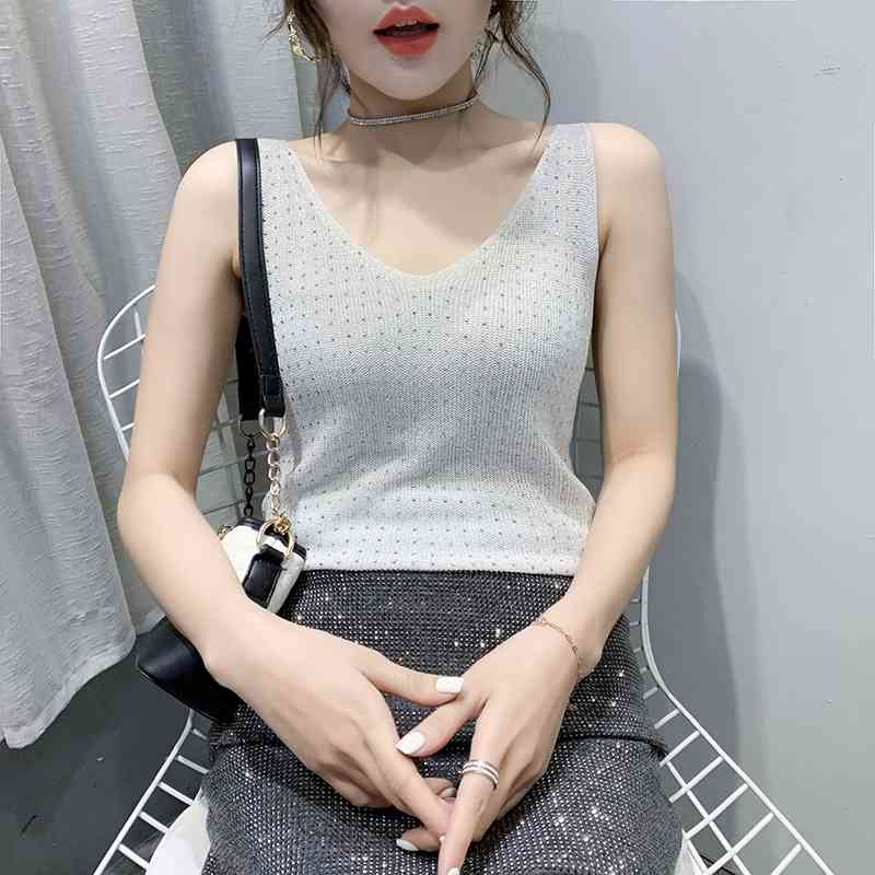 Tank Top Women Tops Women Blusas Mujer De Moda Verano V-Neck Diamond Black Knit Tank Top Summer Sleeveless Top Femme E817 210602