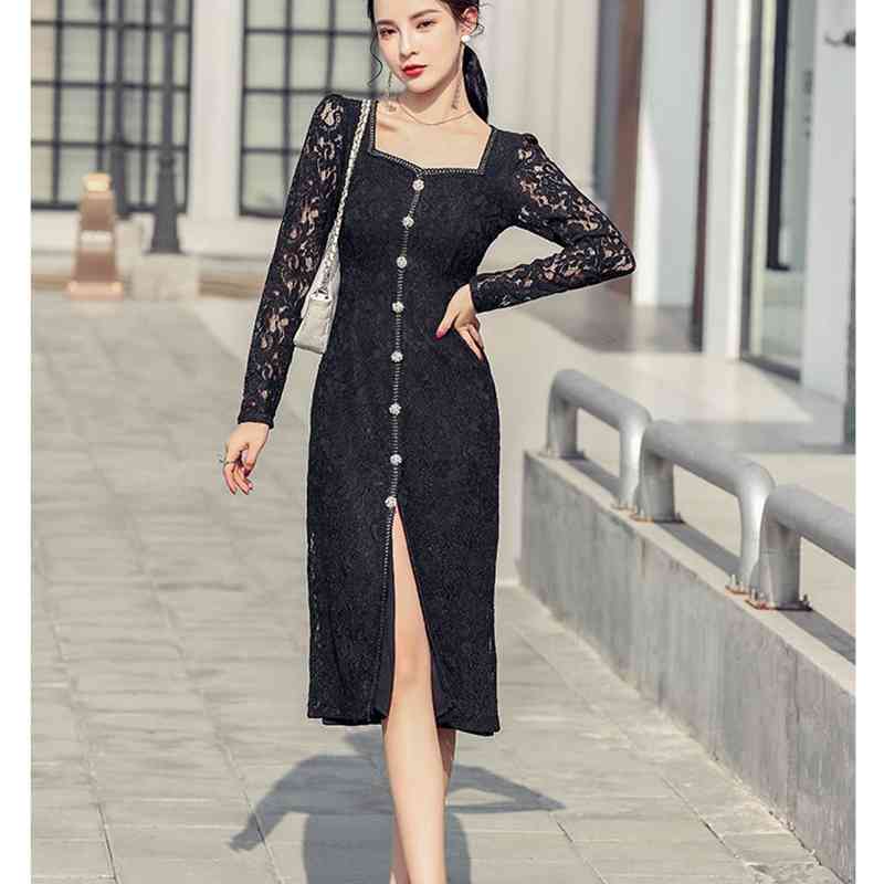 Sexy Split Lace Vestidos Women Transparent Long Sleeve Bodycon Square Collar Mid-Length Dresses Vedtidos 210520