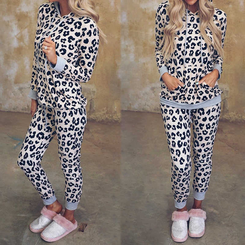 Hooded Leopard Printed Kangaroo Pocket Home Suit Woman Long Sleeve Drawstring Waist Pencil Pants Two Piece Set Pajamas for Women 210604